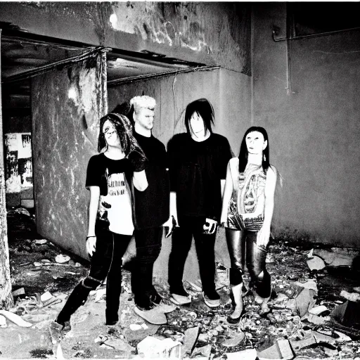 Image similar to 4 goth punks watching a black hole forming in the grimy grungy basement of an abandoned apartment block, grainy black and white photography