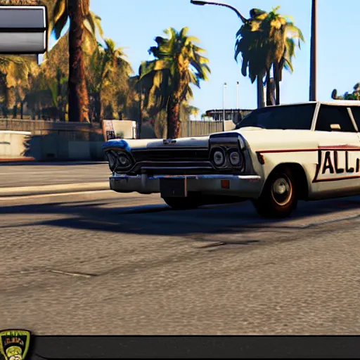 Image similar to GTA V arnold schwarzenegger screenshot stealing a cop car