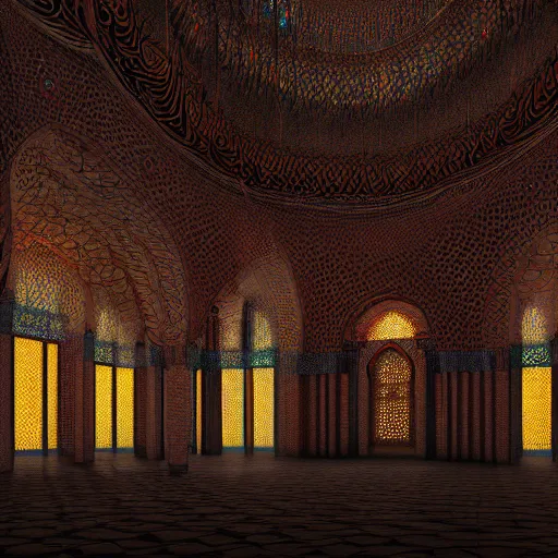 Prompt: Photorealistic demonic mosque in the style of architectural by Michael Whelan and Gustave Dore. Hyperdetailed photorealism, 108 megapixels, amazing depth, glowing rich colors, powerful imagery, psychedelic Overtones, 3D finalrender, 3d shading, cinematic lighting, artstation concept art