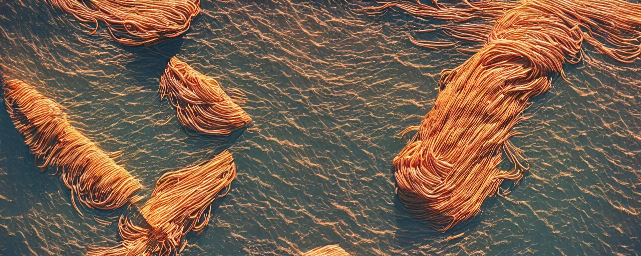 Image similar to an overhead image of a cargo ship transporting mounds of spaghetti, in the middle a hurricane,, canon 5 0 mm, cinematic lighting, photography, retro, film, kodachrome