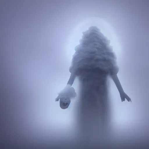 Prompt: Cloud people, lovecraft, dark, sharp focus, fog, Sharp teeth, octane render, colorful