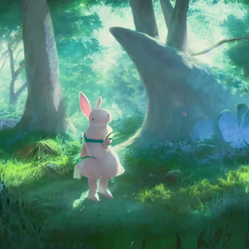 Image similar to concept art painting of a chubby white rabbit wearing a turquoise dress, in the deep forest, realistic, detailed, cel shaded, in the style of makoto shinkai and greg rutkowski and james gurney