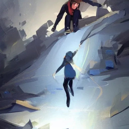 Image similar to skating down a hill on fire, trending on artstation, concept art, by Greg Rutkowski and Krenz Cushart and Pan_Ren_Wei and Hongkun_st and Bo Chen and Enze Fu and WLOP and Alex Chow, golden ratio,