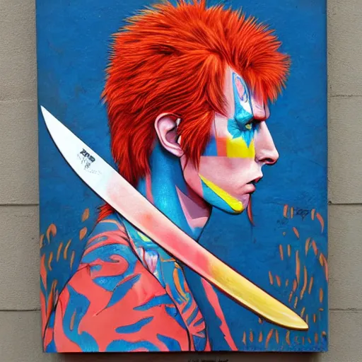 Prompt: Ziggy Stardust holding a colorful Bowie knife, james jean, masterpiece