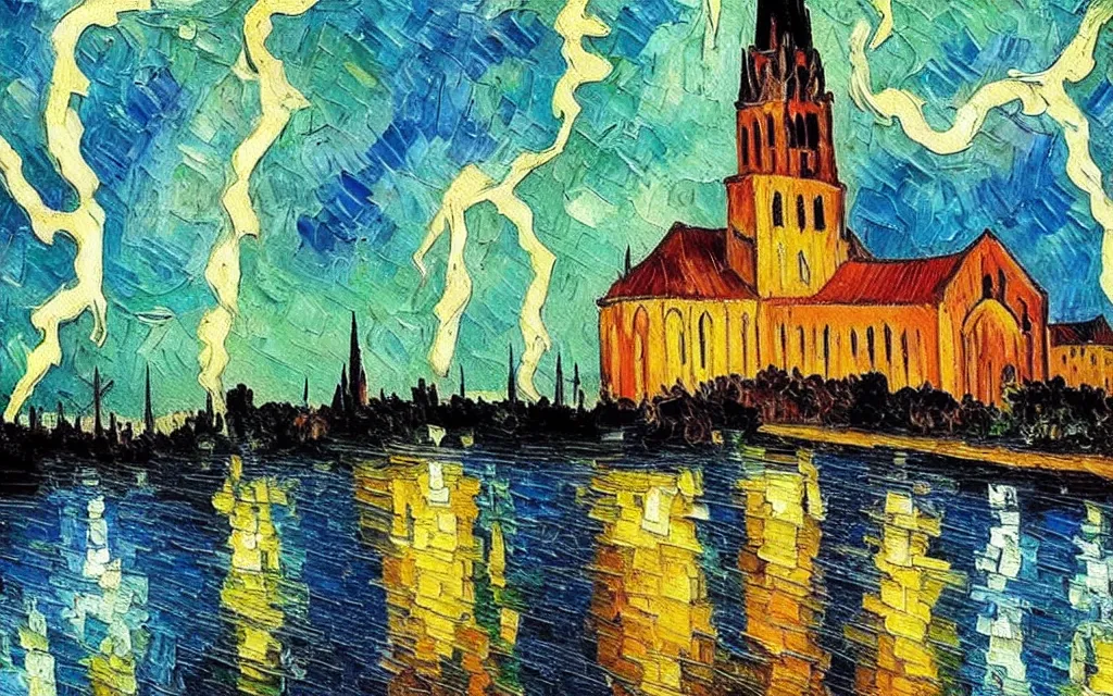 Image similar to expressionist oil painting by van gogh of lightning storm over a tall gothic church, landscape painting, expressionism, 8 k resolution detailed art, small brushstrokes, watercolor palette