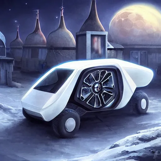 Image similar to futuristic lada flying car on the street of a Russian sleeping quarters on the moon, Norilsk, sci-fi, fantasy, intricate, very very beautiful, elegant, highly detailed, digital painting, artstation, concept art, smooth, sharp focus, illustration, art by artgerm and greg rutkowski and alphonse mucha