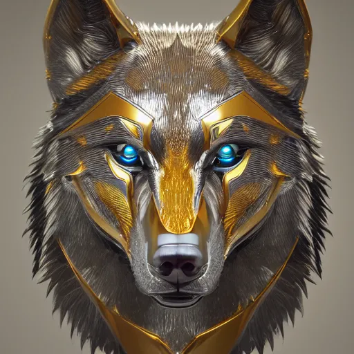 Image similar to chrome and gold wolf, glossy, metallic, neon, symmetrical, tribal patterns, realistic, unreal engine, octane, redshift, artstation, behance