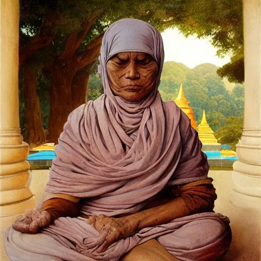 Prompt: detailed potrait of eyes covered by cloth old srilankan woman sitting near giant buddhist stupa, girl graceful,, painting by james jean, craig mullins, j. c. leyendecker, lights, art by ernst haeckel, john william godward, hammershøi,,