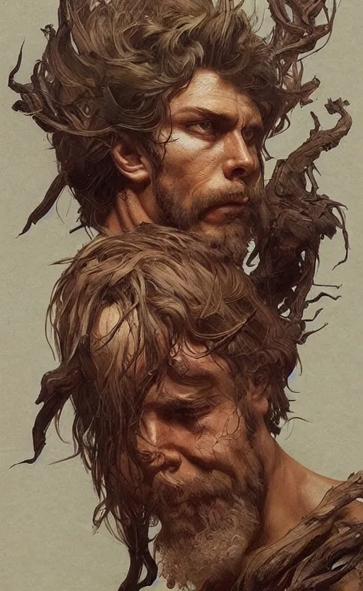 Image similar to portrait of the god of the forest, 30 years old, rugged, male, gorgeous, detailed face, amazing, thighs!!!!!!, muscular, intricate, highly detailed, digital painting, artstation, concept art, sharp focus, illustration, art by greg rutkowski and alphonse mucha