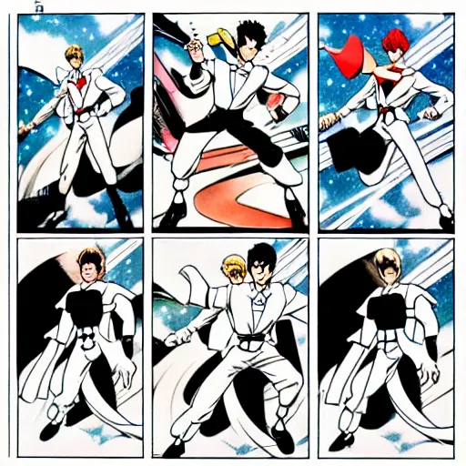 Image similar to action pose page layout, art by osamu tezuka, art by yoshitaka amano, white suits, space soldiers, anime style