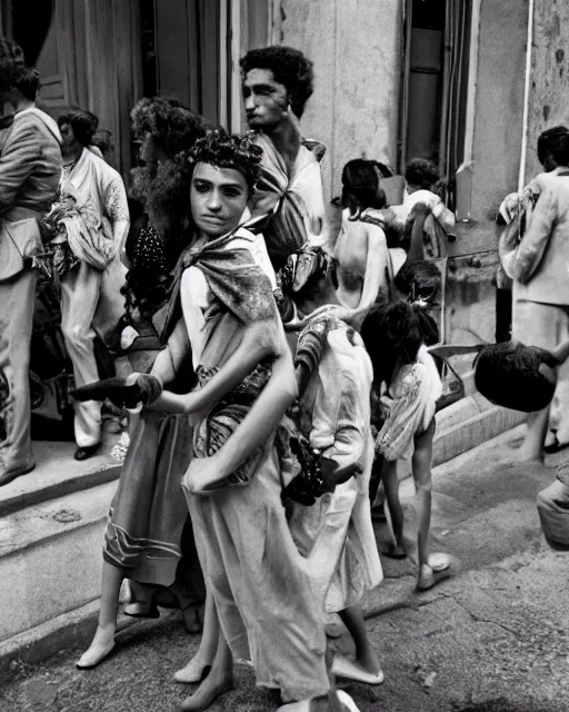 Image similar to Award winning reportage photo of Monegasque Natives with incredible hair and hyper-detailed eyes wearing traditional garb by Garry Winogrand and Dian Arbus, 85mm ND 5, perfect lighting, gelatin silver process