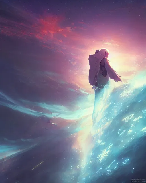 Image similar to descending quran from the nebula cloud, key visual, ambient lighting, highly detailed, digital painting, artstation, concept art, sharp focus, by makoto shinkai and akihiko yoshida and hidari and wlop and greg rutkowski