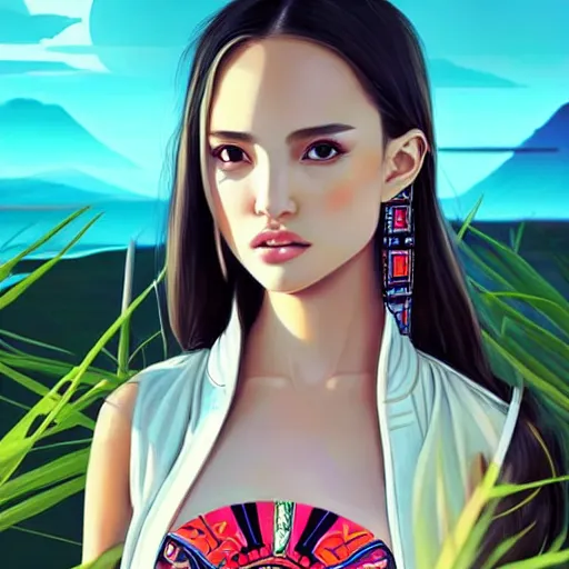 Image similar to a beautiful young japanese natalie portman alluring gravure model, stylized concept art, wearing elegant designer bomber jacket and one piece bikini, bomber jacket with mesoamerican patterns, mesoamerican native street fashion, princess mononoke, painted by ilya kuvshinov aesthetic, gorgeous, stunning, alluring, attractive, artstation, pinterest, digital art