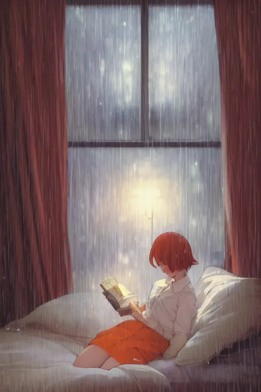 Prompt: a teenage girl with white short hair in a jk uniform outfit in the bedroom reading a book in a night, raining outside the window, warm and orange theme, by krenz cushart and mucha and akihito yoshida and greg rutkowski and makoto shinkai, 4 k resolution