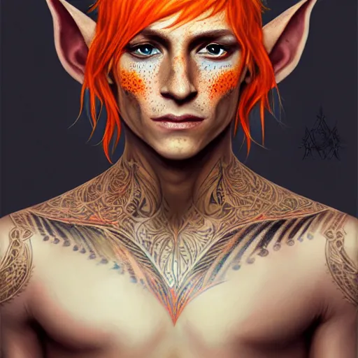 Image similar to portrait painting of an elven eladrin young man with short light orange hair and freckles and tribal tattoos on his cheekbones wearing fancy fur armor, sharp focus, award - winning, trending on artstation, masterpiece, highly detailed, intricate. art by merwild and ernesto irawan and rachel denton