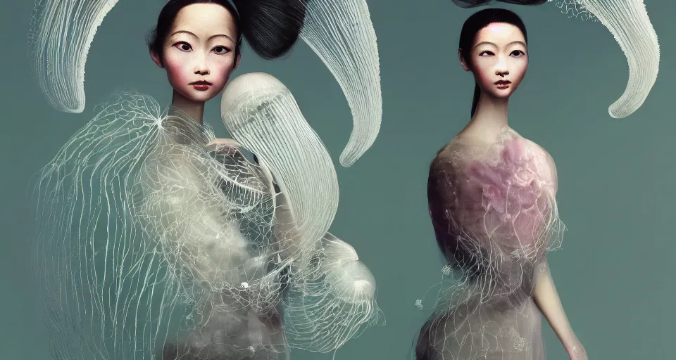 Image similar to closeup shot of asian female wearing a luminous soft fragile jelly fish dress, symmetrical face, by ray caesar, by louise dahl wolfe, by andrea kowch, by anna claren, surreal photography