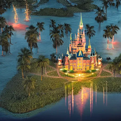 Prompt: the disney castle surrounded by giant palm trees on a giant floating island in the sky at night, a huge light bulb above the island illuminates the island, cinematic, digital art by erik johansson, 8 k resolution, hyper detailed, hyper realistic, sharp focus, unreal engine 5