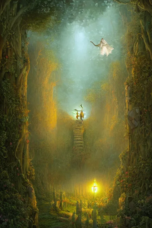 Image similar to faeries lady digital art painting fantasy by hubert robert and lee madgwick and roger dean and jacek yerka, dan mumford and alex grey style, soft lighting, 4 k hd wallpaper illustration character design concept joy atmospheric lighting