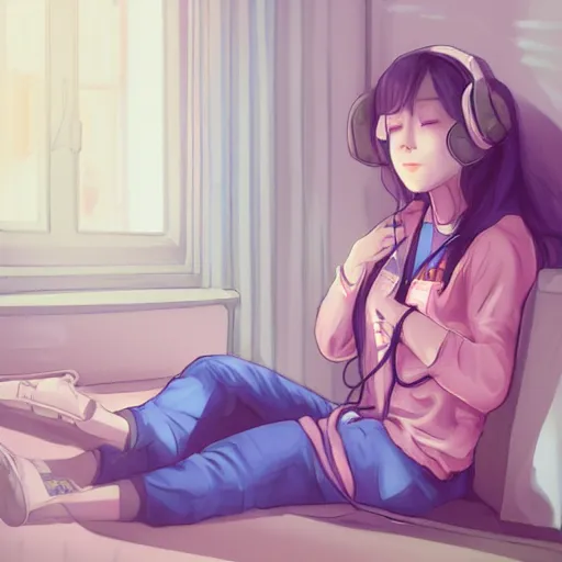 Prompt: lofi hiphop girl sitting in her room with headphones on by Wenqing Yan