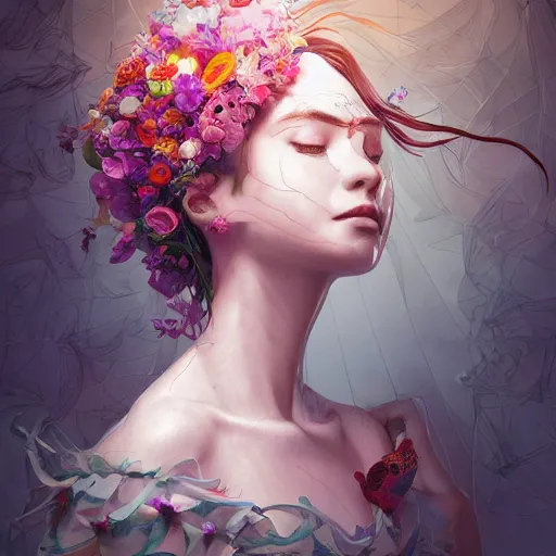 Image similar to the portrait of an absurdly beautiful, graceful, elegant mature young woman made of petals looking up, an ultrafine detailed illustration by kim jung gi, irakli nadar, intricate linework, bright colors, octopath traveler, final fantasy, angular, unreal engine 5 highly rendered, global illumination, radiant light, detailed and intricate environment