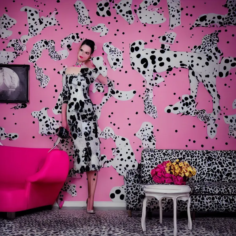 Prompt: vogue photoshoot octane render of 1 0 1 dalmatian with white background, focus bright colorful pastel exotic vintage boutique hotel lounge, very short depth of field, bokeh