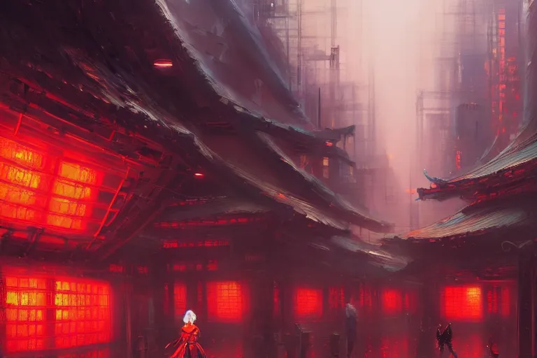 Image similar to baroque oil painting of anime key visual concept art of a samurai girl, red futuristic concrete cityscapes, background chinese futuristic city, trending on artstation, palette knife and brush strokes, oil on canvas, style of makoto shinkai greg rutkowski studio ghibli