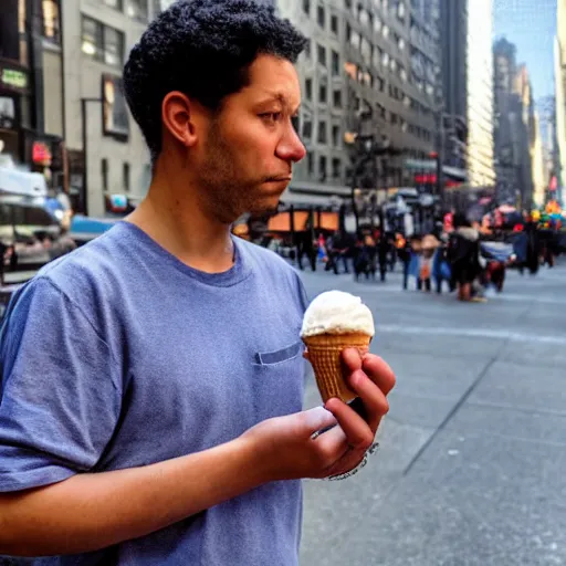 Image similar to a very sad man holding a very tiny cup of ice cream in nyc. photograph.