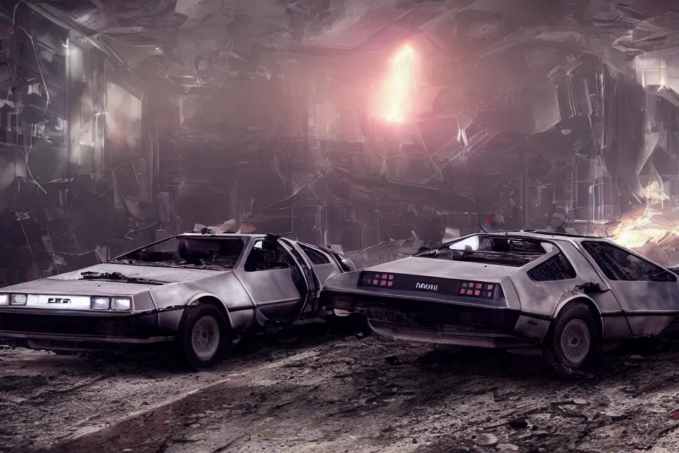 Image similar to ultra realistic delorean dmc 5 drifting on broken highway wreckage floating in space, dark cinematic, volumetric, realistic, 3 d render, realistic render, cinematic lighting, volumetric lighting, atmospheric, cinematic, unreal engine 5, unreal engine render, octane render, hd, photorealism, hyper realistic, 8 k