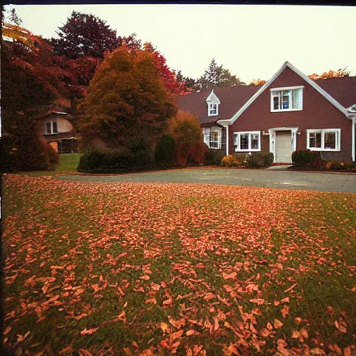 Image similar to a high flash photo of a suburban home from the street during autumn, 2 0 0 6, taken with a disposable camera