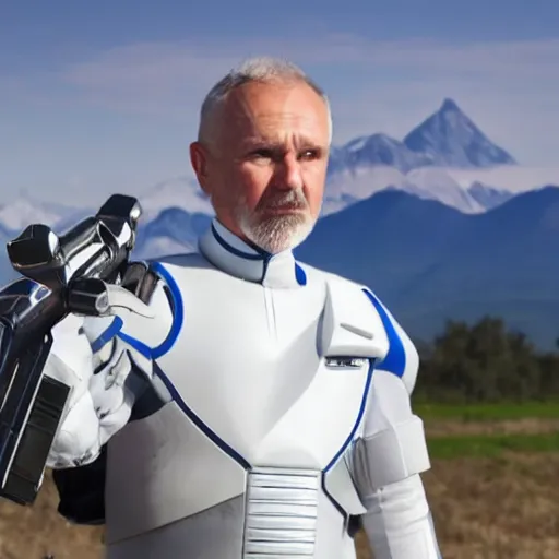 Prompt: close up photograph of an old man who is a veteran of many futuristic wars with short gray hair and blue eyes. he is wearing a white futuristic suit of heavy combat armor and holding a blaster in one hand and a plaster plazma - proof shield in the other. the backdrop is of a rolling grassy plain with mountains in the distance.