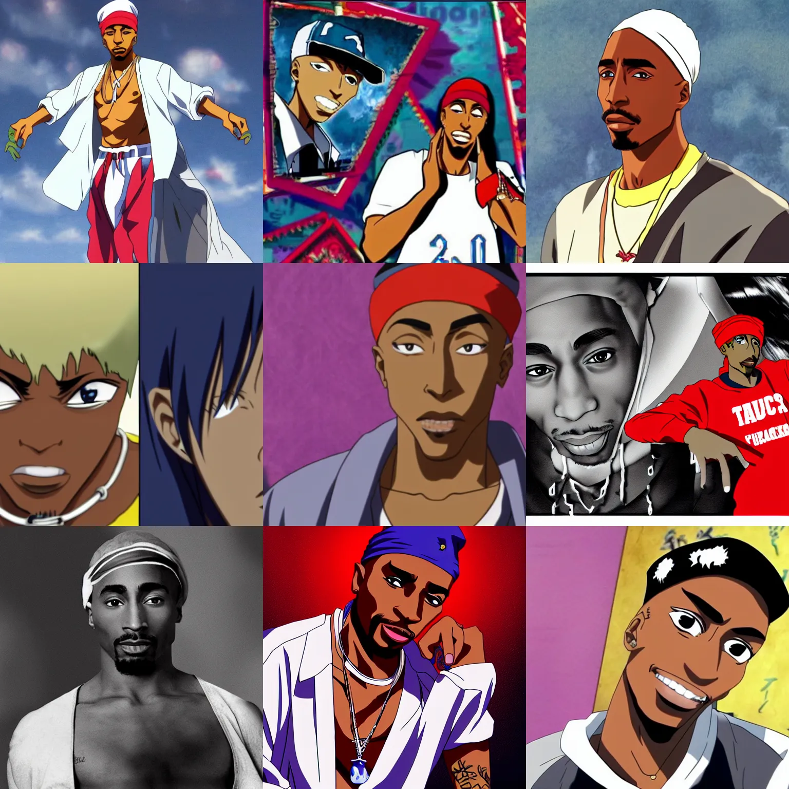 Image similar to Tupac Shakur, screenshot from a 2012s anime