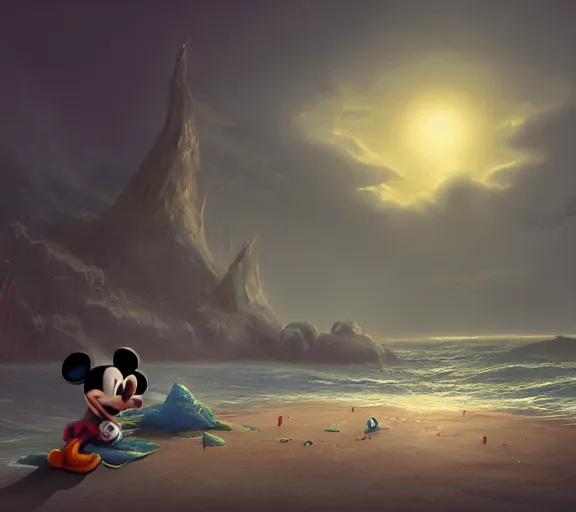 Image similar to Mickey Mouse sitting on a terrifying beach ,Scary sea monsters swim in the distance, dark, dim, nightmarish, digital painting, in the style of raphael lacoste, super detailed, artstation