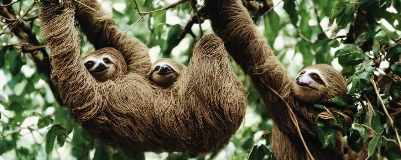 Image similar to a sloth eating spaghetti off a tree, in the style of national geographic, canon 5 0 mm, kodachrome, retro