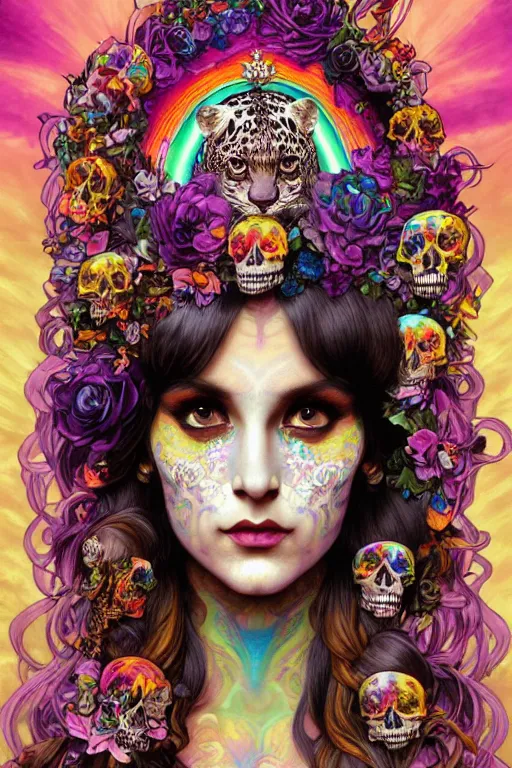 Prompt: a portrait of the lisa frank leopard print rainbow goddess from walmart, intricate, gothic, highly detailed, digital painting, crown of skulls, artstation, smooth, sharp focus, illustration, art by artgerm and greg rutkowski and alphonse mucha and william - adolphe bouguereau