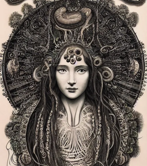 Image similar to portrait of a beatiful young goddess with intricate jellyfish headdress, dark background, intricate hyper detailed art by ernst haeckel and james jean