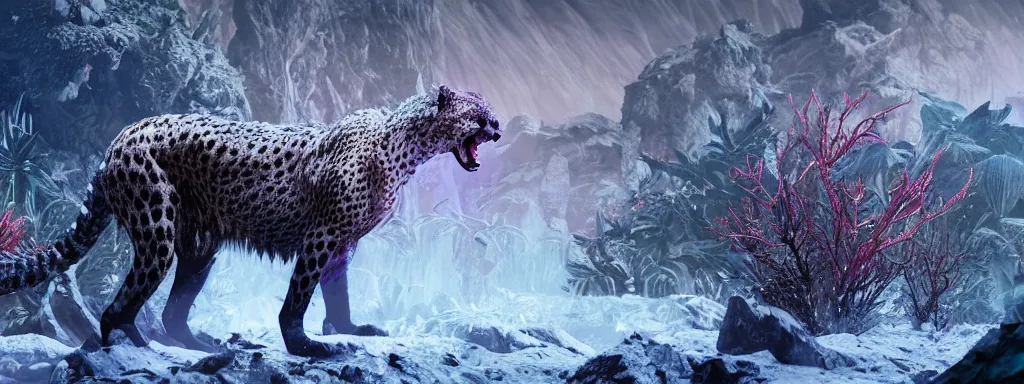 Prompt: large black sabretooth cheetah with shiny blue fish scales skin and silver lightning tail, walking in a dense alien snow covered frosty jungle, with snow covered colourful red, blue and purple plants, large vines, snow covered arched organic rock structures, in the style of monster hunter world, like concept art on artstation, hyperdetailed, vray render, octane render,
