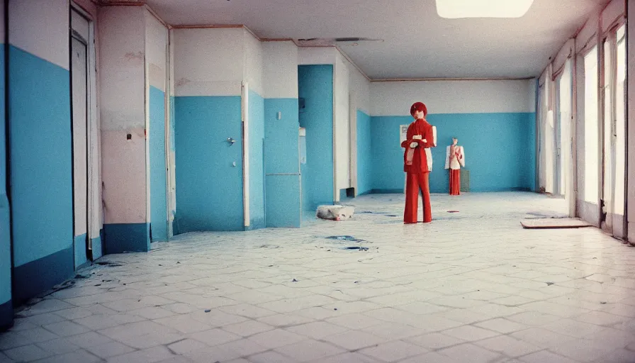 Image similar to 60s movie still of a white japanese female phantom bloody in an empty soviet stalinist style hospital with yellow tiles floor with light blue beds, cinestill 800t 35mm technicolor, heavy grain, high quality, higly detailed, liminal space