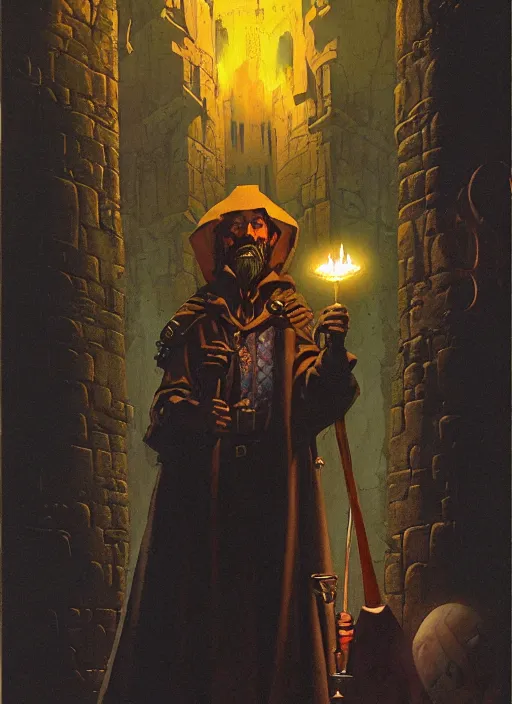 Image similar to highly detailed, hyper realistic wizard with a dungeon background by mike mignola frank frazzeta james gurney