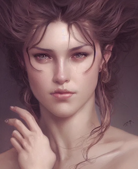 Image similar to portrait close up of woman, concentrated look, symmetry, d & d, fantasy, intricate, elegant, highly detailed, digital painting, artstation, concept art, art by artgerm and greg rutkowski and alphonse mucha, boris vallejo