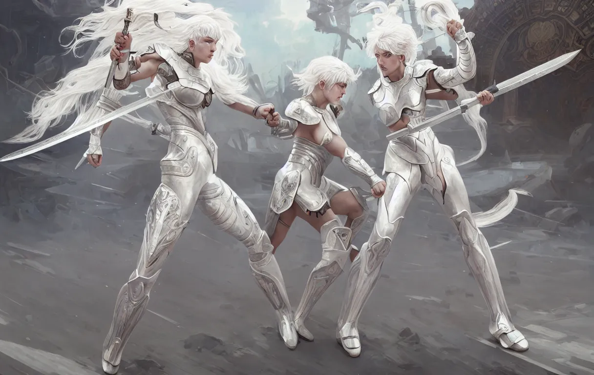 Image similar to dueling, kickboxing, battle stance, wielding sci - fi melee weapons in ruined agora of athens sunrise, white hair knights of zodiac girl matt white ice color armor, intricate and elegant, highly detailed, digital painting, artstation, concept art, illustration, art by tian zi and wlop and alphonse mucha