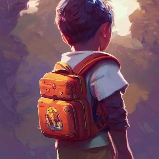 Prompt: a young boy wearing a back pack on his way to school, highly detailed, digital painting, artstation, concept art, sharp focus, illustration, d & d, fantasy, hearthstone, vibrant bright coloring, art by artgerm and greg rutkowski and alphonse mucha