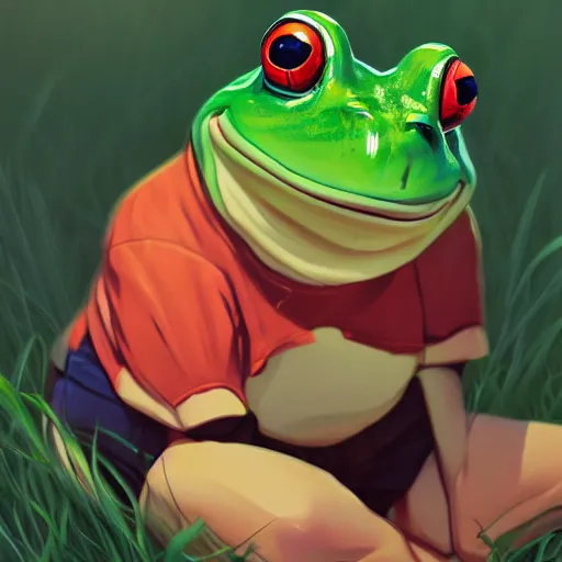 Image similar to portrait of a Dumpy Frog, farm field background, rich vivid colors, ambient lighting, dynamic lighting, 4k, HQ, official media, anime key visual, makoto shinkai, ilya kuvshinov, lois van baarle, rossdraws, detailed, trending on artstation