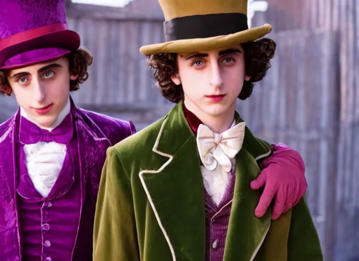 Prompt: film still of 26 year old Timothée Chalamet age 26 26 years old age 26 as Willy Wonka in new Willy Wonka movie, 4k