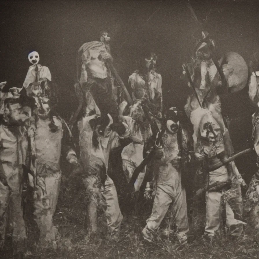 Image similar to circa 1 9 7 0 s restored 1 3 mm film photograph of a group of clowns in a field holding machetes at night, liminal, dark, thunderstorm, dark, flash on, blurry, ominous lighting