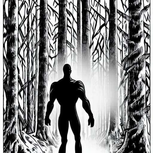 Prompt: A 15 foot tall, muscular bald hairless pale humanoid with a perfectly symmetrical face, dressed in black body armour, in the background is a dense and foggy forest of trees. Black and white colour, high contrast, comic book,