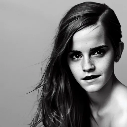 Image similar to Emma Watson closeup of face shoulders and very long hair hair grinning grinning teeth Vogue fashion shoot by Peter Lindbergh fashion poses detailed professional studio lighting dramatic shadows professional photograph by Cecil Beaton, Lee Miller, Irving Penn, David Bailey, Corinne Day, Patrick Demarchelier, Nick Knight, Herb Ritts, Mario Testino, Tim Walker, Bruce Weber, Edward Steichen, Albert Watson