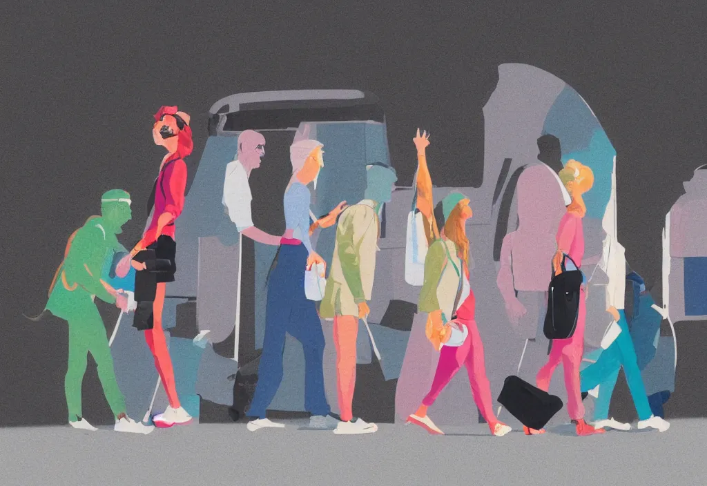 Image similar to full body portrait of a trio of european tourists getting off a tour bus for sightseeing, character designs painting, in the style of wes anderson, jules julien, lola dupre, isolated on white background, dark monochrome neon spraypaint accents volumetric octane render