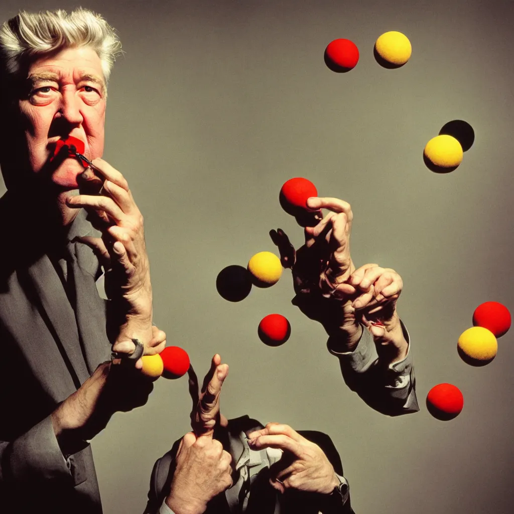 Image similar to award winning photo of david lynch smoking and playing with BALLS, vivid colors, happy, symmetrical face, beautiful eyes, studio lighting, wide shot art by Sally Mann & Arnold Newman