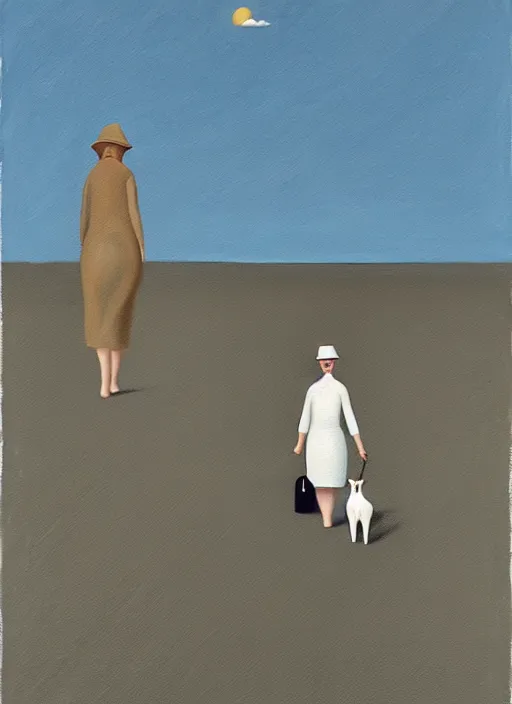 Prompt: a painting of a woman walking her dog at the beach, in the style of gertrude abercrombie, digital art