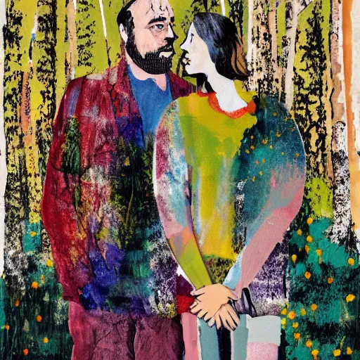 Prompt: a painting of a man and a woman in a forest at midnight, a silk screen by julian schnabel, behance, midnight hour, modern european ink painting, photoillustration, impressionism, multiple exposure, artstation